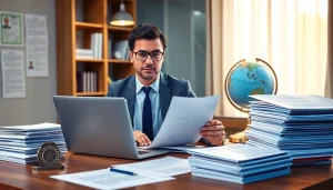 Traducteur juré travaillant sur des documents officiels dans un cadre professionnel.