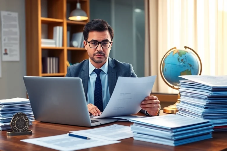 Traducteur juré travaillant sur des documents officiels dans un cadre professionnel.