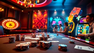 Engage in thrilling gameplay at a vibrant casino inspired by https://ga888.mom, featuring poker tables and roulette wheels.