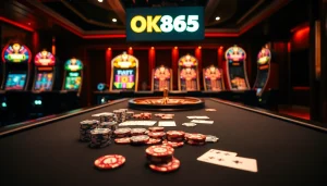 OK365 gamified experience with a poker table, chips, and roulette wheel in a luxurious casino setting.