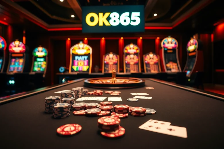 OK365 gamified experience with a poker table, chips, and roulette wheel in a luxurious casino setting.