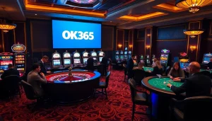 Experience the thrill of casino gaming at OK365 with a vibrant roulette table and excited players.