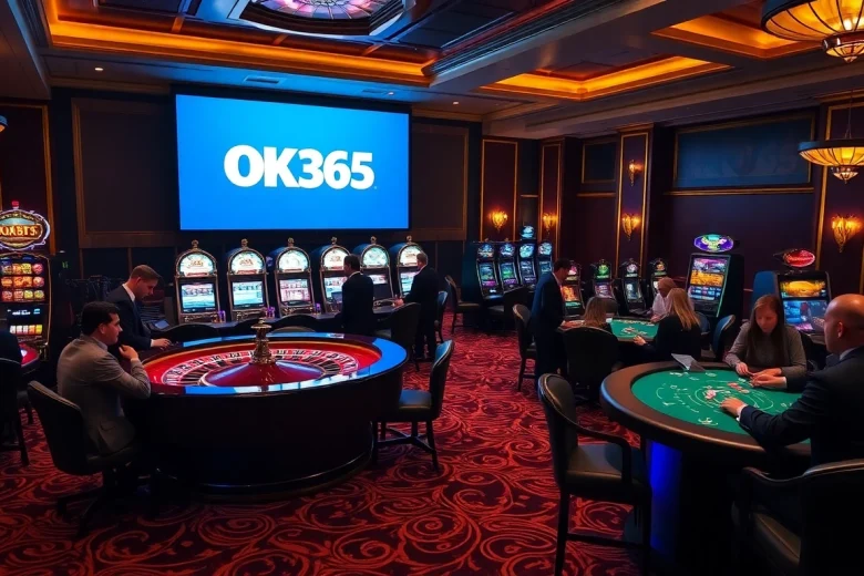 Experience the thrill of casino gaming at OK365 with a vibrant roulette table and excited players.