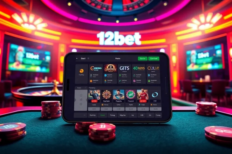 Engage with exciting online gambling action on the link 12bet, featuring colorful poker chips and a dynamic roulette wheel.