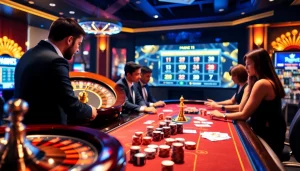 Experience thrilling moments at https://f122.com.br/ with players betting at a vibrant digital casino table.