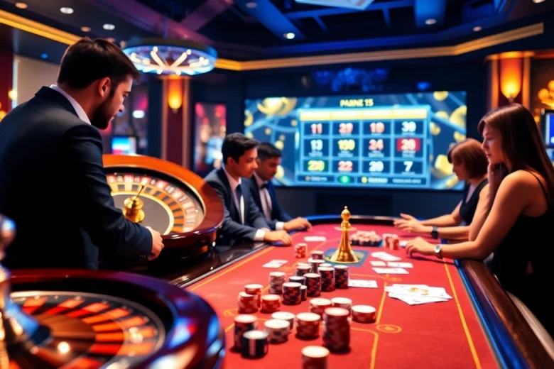 Experience thrilling moments at https://f122.com.br/ with players betting at a vibrant digital casino table.