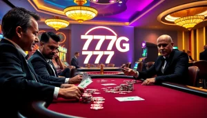High-stakes poker players at a casino table with 777g logo, showcasing excitement and luxury.