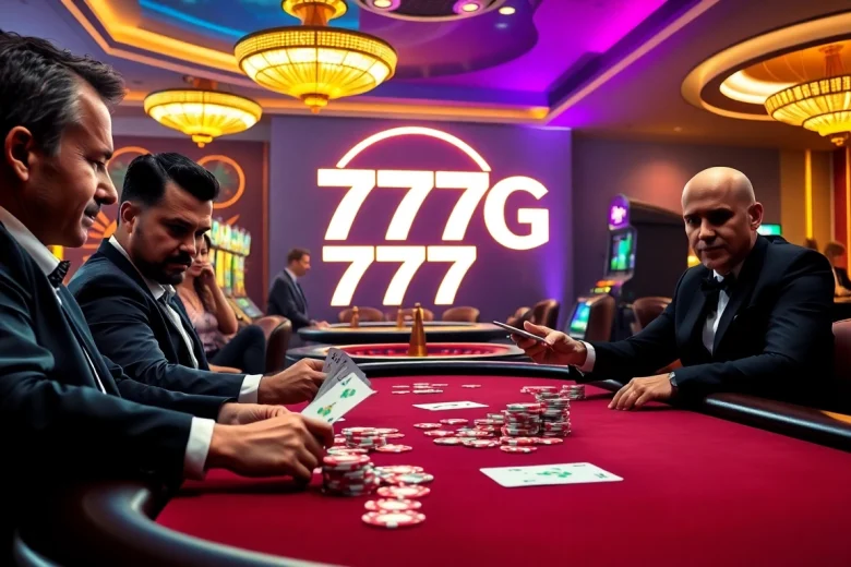 High-stakes poker players at a casino table with 777g logo, showcasing excitement and luxury.