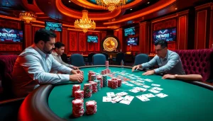 Excited gamblers play high-stakes poker at NEW88's luxurious casino table.