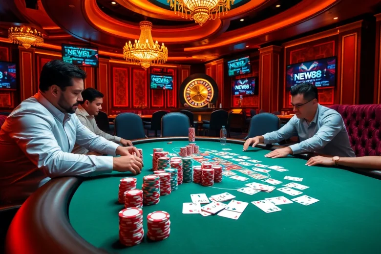 Excited gamblers play high-stakes poker at NEW88's luxurious casino table.