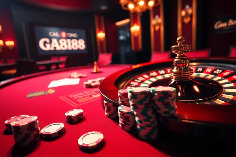 Engage in thrilling gaming action at Ga888 with vibrant casino tables, chips, and cards.
