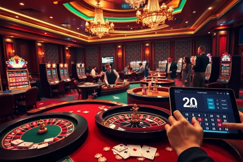 Engage with the thrilling world of 20bet as players celebrate wins at a luxury casino.
