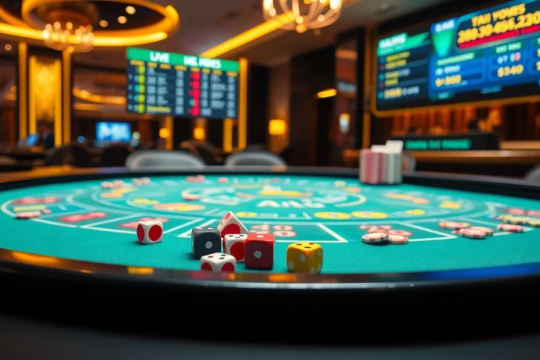 Experience the thrill of tài xỉu md5 with vibrant dice at a modern casino table.