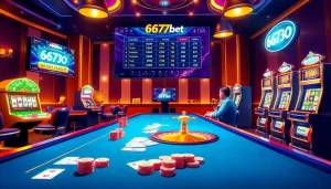 Experience the thrill of 667bet with luxurious casino tables and vibrant slot machines.