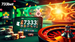 Engaging online gambling scene featuring 733bet with poker chips and roulette wheel.