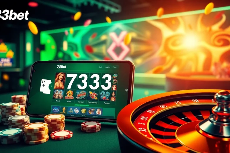 Engaging online gambling scene featuring 733bet with poker chips and roulette wheel.