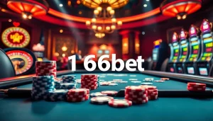 Experience thrilling gaming action at 166bet with vibrant poker chips and a roulette wheel in a luxurious casino setting.