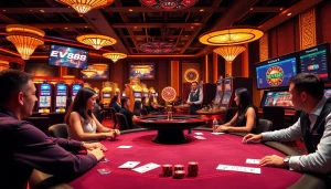 Engaging players at EV88 casino with vibrant games and luxurious decor in exciting atmosphere.