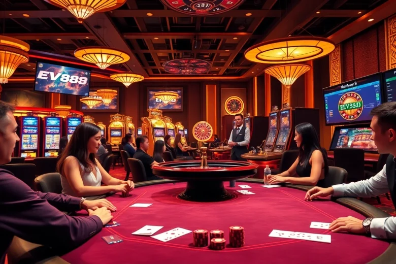 Engaging players at EV88 casino with vibrant games and luxurious decor in exciting atmosphere.