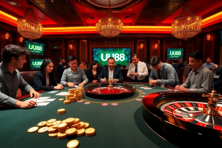 Players engaging in a thrilling poker game at UU88 casino, showcasing chips and cards.