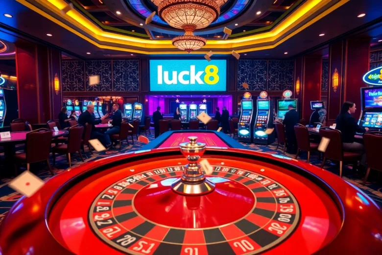 Players enjoying a thrilling game of roulette at Luck8's luxurious casino setting.