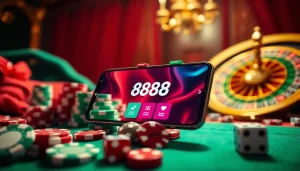 Tải App 888new displayed on a smartphone with poker chips and a roulette wheel accentuating an exciting casino atmosphere.
