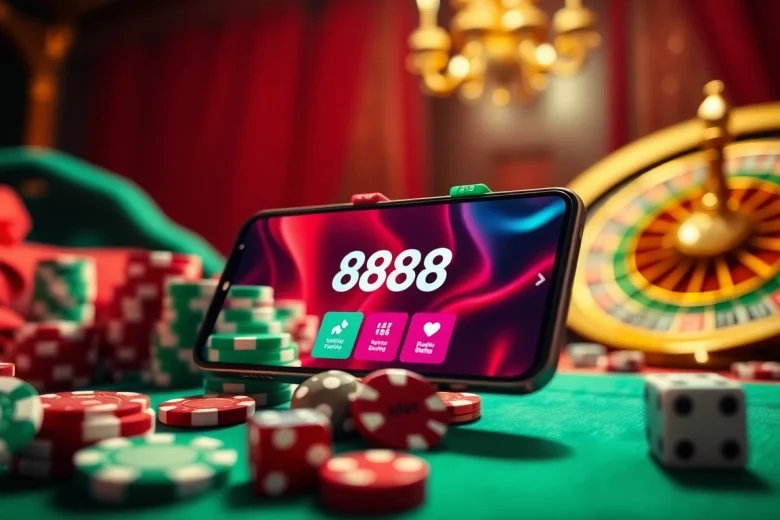 Tải App 888new displayed on a smartphone with poker chips and a roulette wheel accentuating an exciting casino atmosphere.