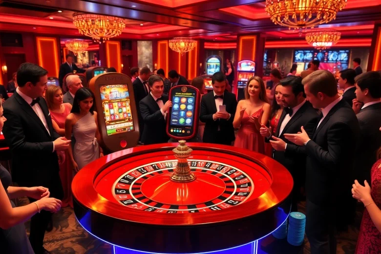 Exciting atmosphere in a top crypto casino France, highlighting players around a roulette table.