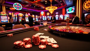 Experience thrilling gameplay at i9bet with poker chips and illuminated tables in a luxurious casino.