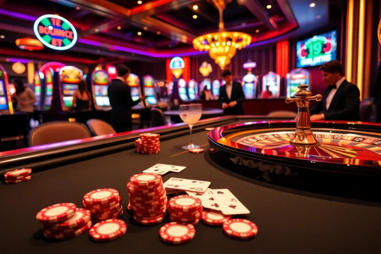 Experience thrilling gameplay at i9bet with poker chips and illuminated tables in a luxurious casino.