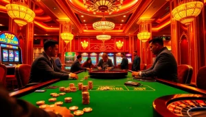 Players strategize at a high-stakes poker table in the luxury of j88.gives casino atmosphere.
