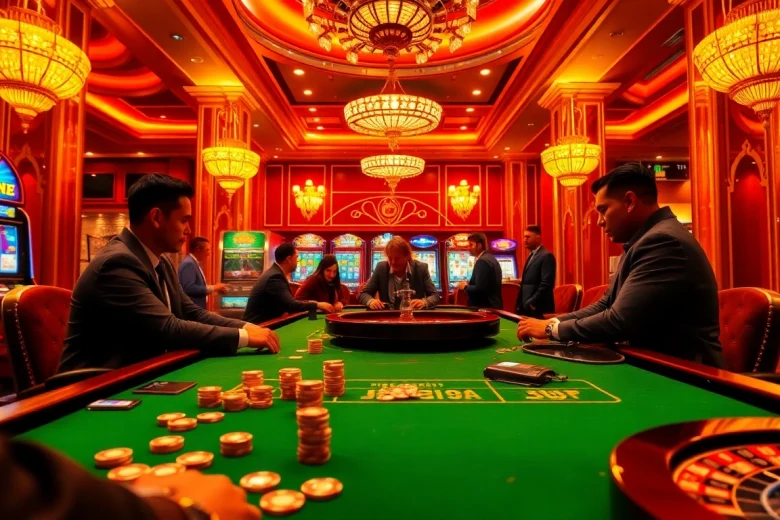 Players strategize at a high-stakes poker table in the luxury of j88.gives casino atmosphere.