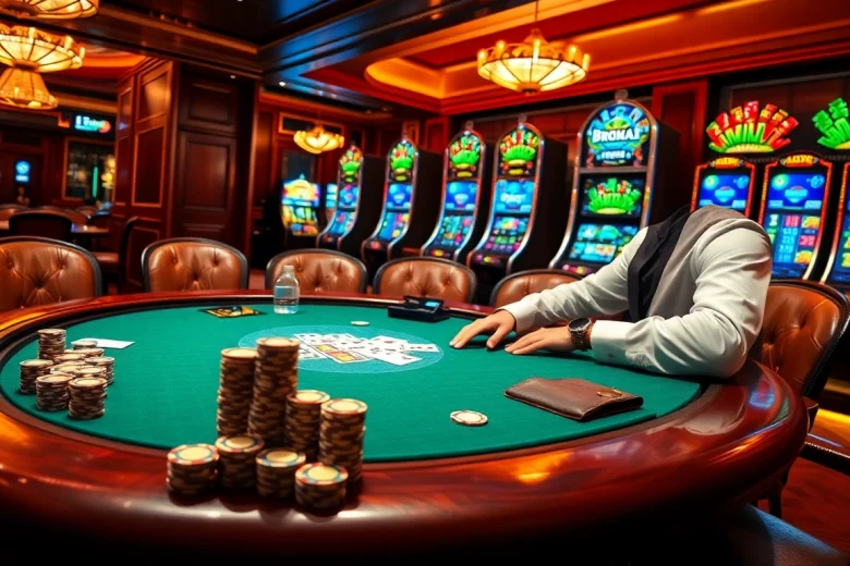 Experience the thrill of gambling at a casino with keonhacai5, featuring poker chips and vibrant lighting.