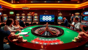 Experience the thrilling games of u 888 in a vibrant casino scene with roulette, cards, and poker chips.