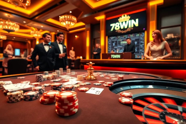 Experience thrilling gameplay at 78WIN with poker chips, cards, and a roulette wheel in an elegant casino setting.