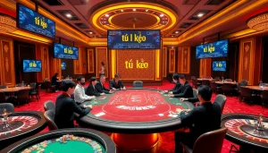 Tỷ lệ kèo displayed on digital screens in a vibrant casino with poker players at a luxurious table.