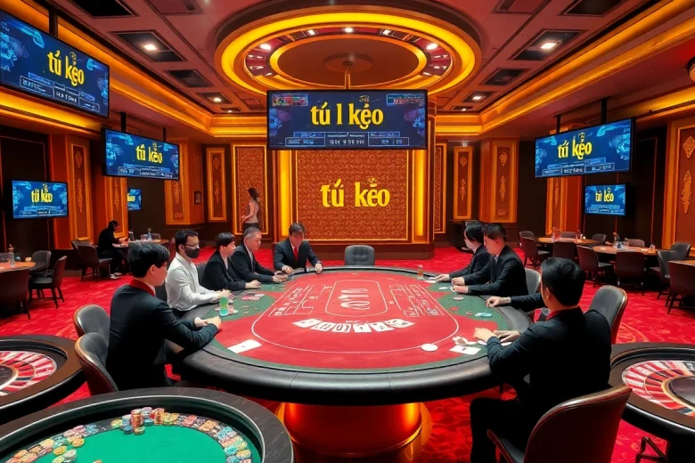 Tỷ lệ kèo displayed on digital screens in a vibrant casino with poker players at a luxurious table.
