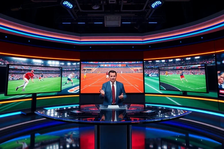 Sports Broadcasting host in a modern studio, presenting live sports coverage.