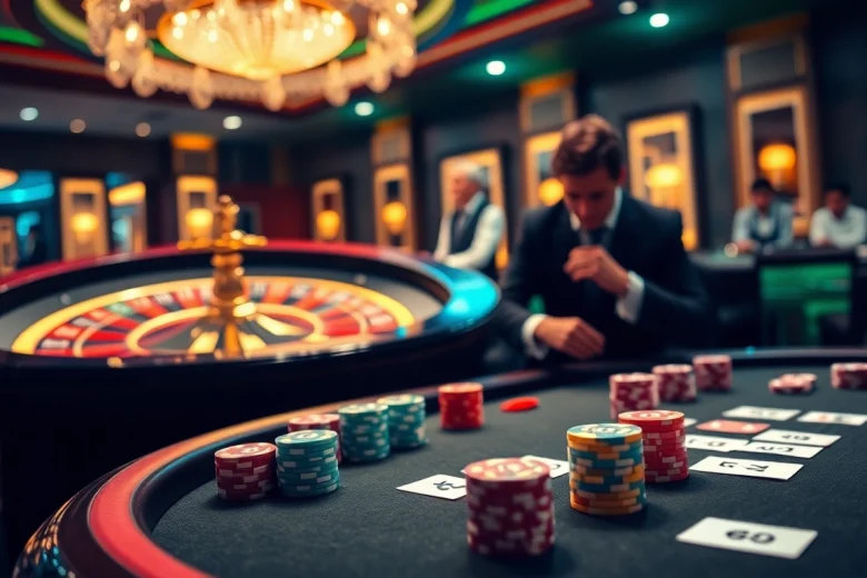 High-stakes poker action at a luxurious casino table, inspired by https://debet66.com/.