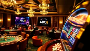 Experience ABC8's thrilling casino atmosphere with illuminated tables and exciting gameplay.