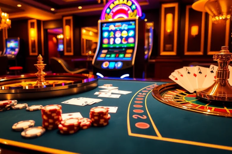 A lively casino scene with a game table showcasing the excitement of playing at a casino avec bonus sans depot, featuring poker chips, cards, and a roulette wheel.