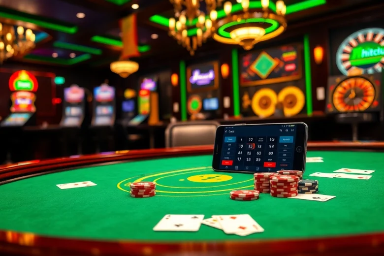 Join the excitement at Hitclub with a luxurious casino scene featuring blackjack and vibrant neon lights.