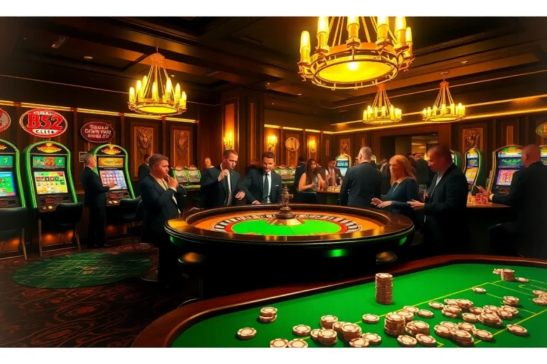 B52 Club showcases a thrilling casino experience with players at a roulette table and vibrant slot machines.
