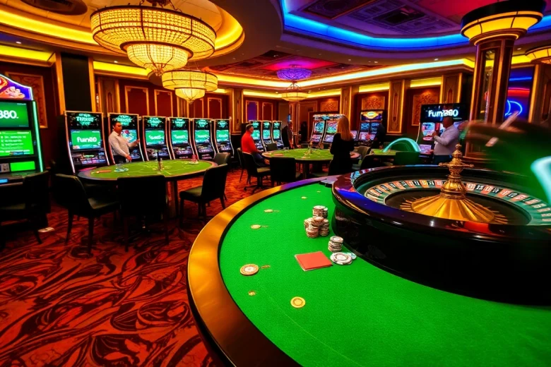 Experience the thrilling atmosphere of fun88.foundation with players engaging in high-stakes casino games at luxurious tables.