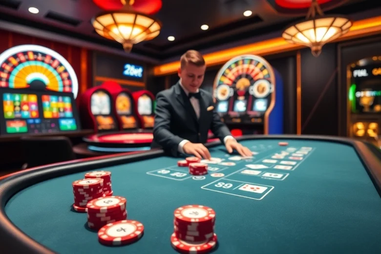 28bet players enjoying a vibrant casino atmosphere with poker chips and roulette wheels.