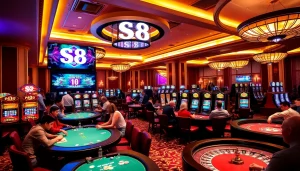 Experience the thrill of the S8 tournament at a luxurious casino with vibrant gaming tables and slot machines.