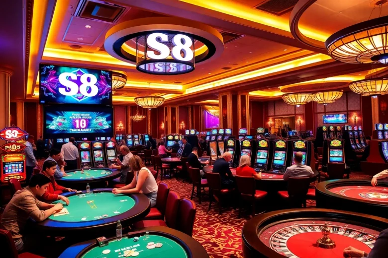 Experience the thrill of the S8 tournament at a luxurious casino with vibrant gaming tables and slot machines.