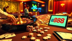 Experience gambling excitement with u 888 casino chips and vibrant roulette wheel in an inviting atmosphere.