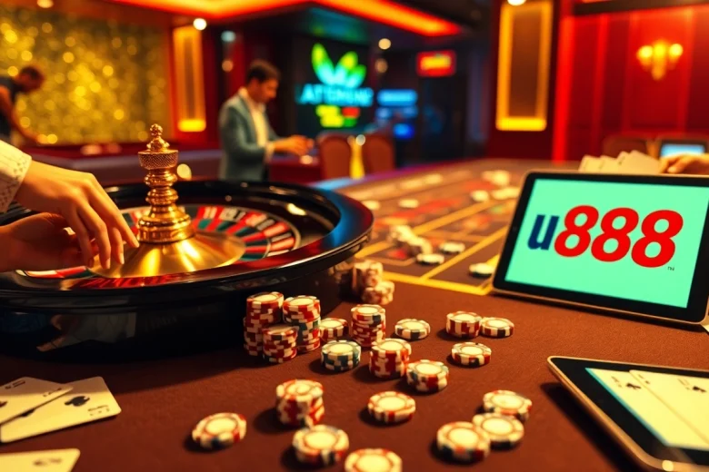 Experience gambling excitement with u 888 casino chips and vibrant roulette wheel in an inviting atmosphere.