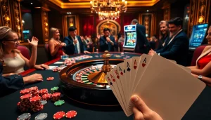 Experience thrilling casino action at https://f8bet.ventures/ with vibrant poker chips and a roulette wheel.